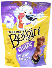 Purina Beggin' Strips Original Bacon pack shot with resealable pouch for easy storage.