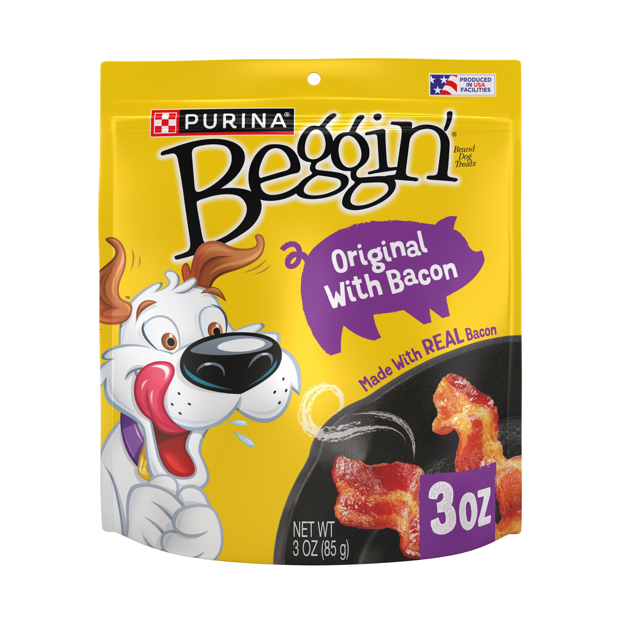 Purina Beggin' Strips bacon-strip front shows real-meat flavor that dog parents can reward with.