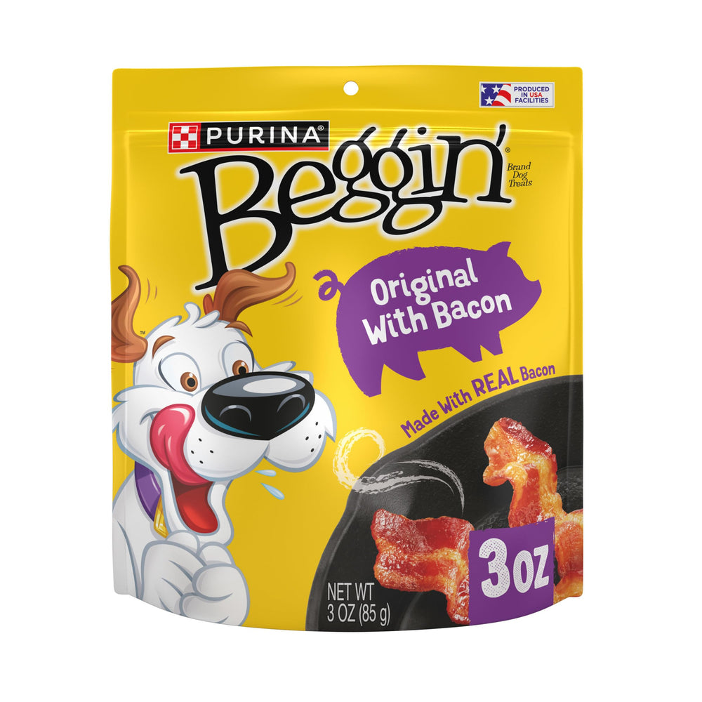Purina Beggin' Strips bacon-strip front shows real-meat flavor that dog parents can reward with.
