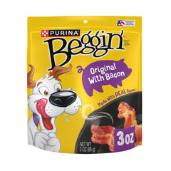Purina Beggin' Strips bacon-strip front shows real-meat flavor that dog parents can reward with.