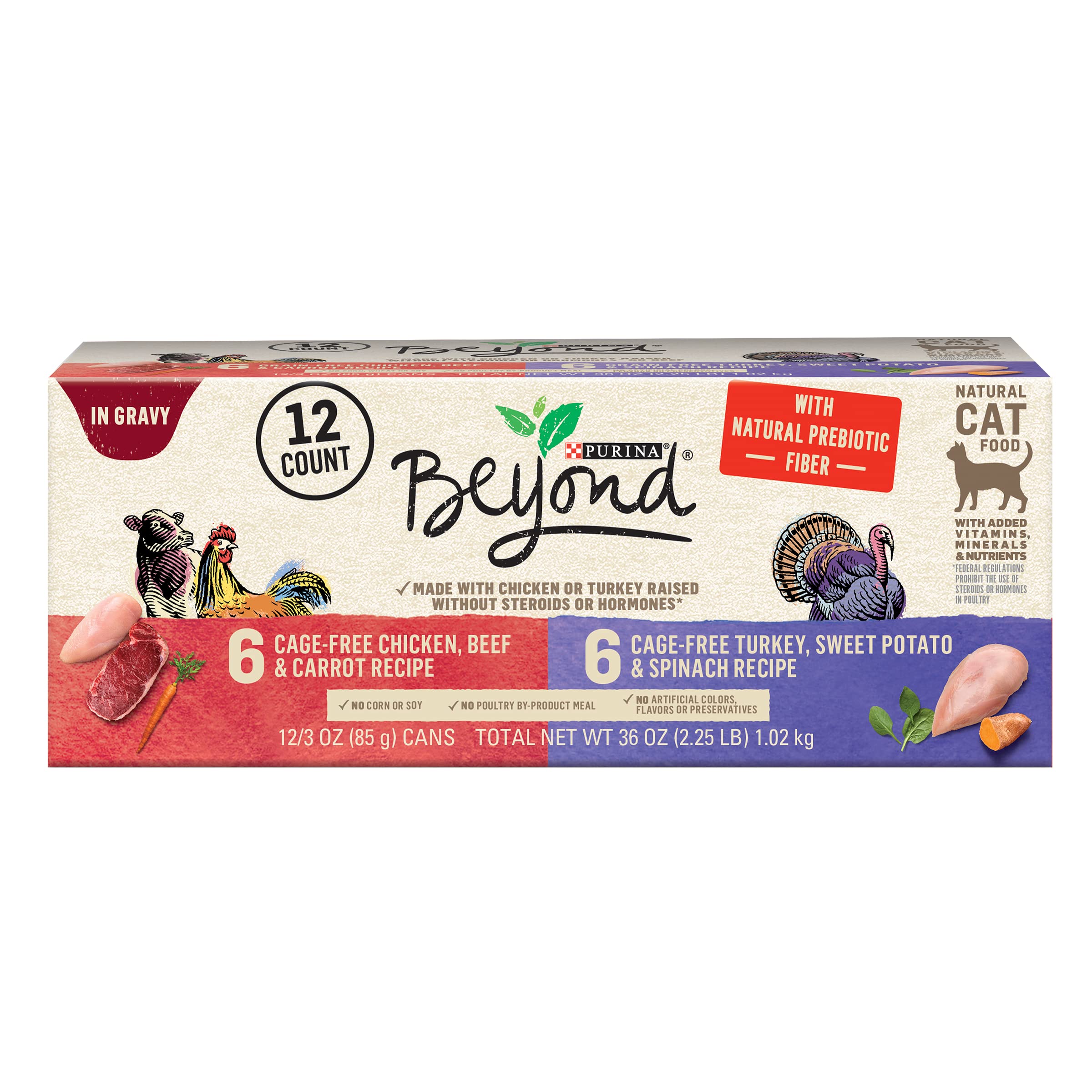 Purina Beyond chicken cage-free can front, protein-rich moisture for adult cats.