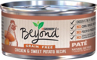 Purina Beyond pate cat food with chicken and sweet potato, 12-pack, convenient daily meals.