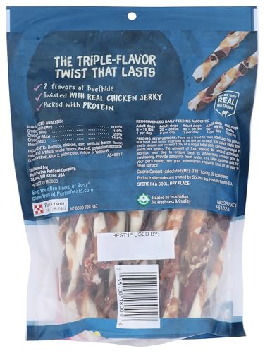Purina Busy Jerky Twists ingredients close-up with beefhide and chicken