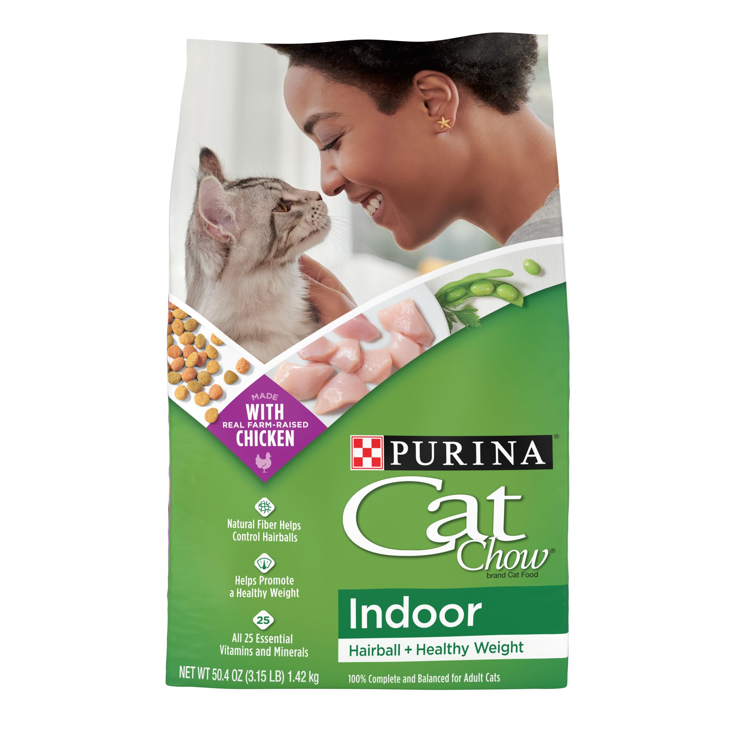 Purina Cat Chow Indoor bag shows healthy weight support and hairball control.