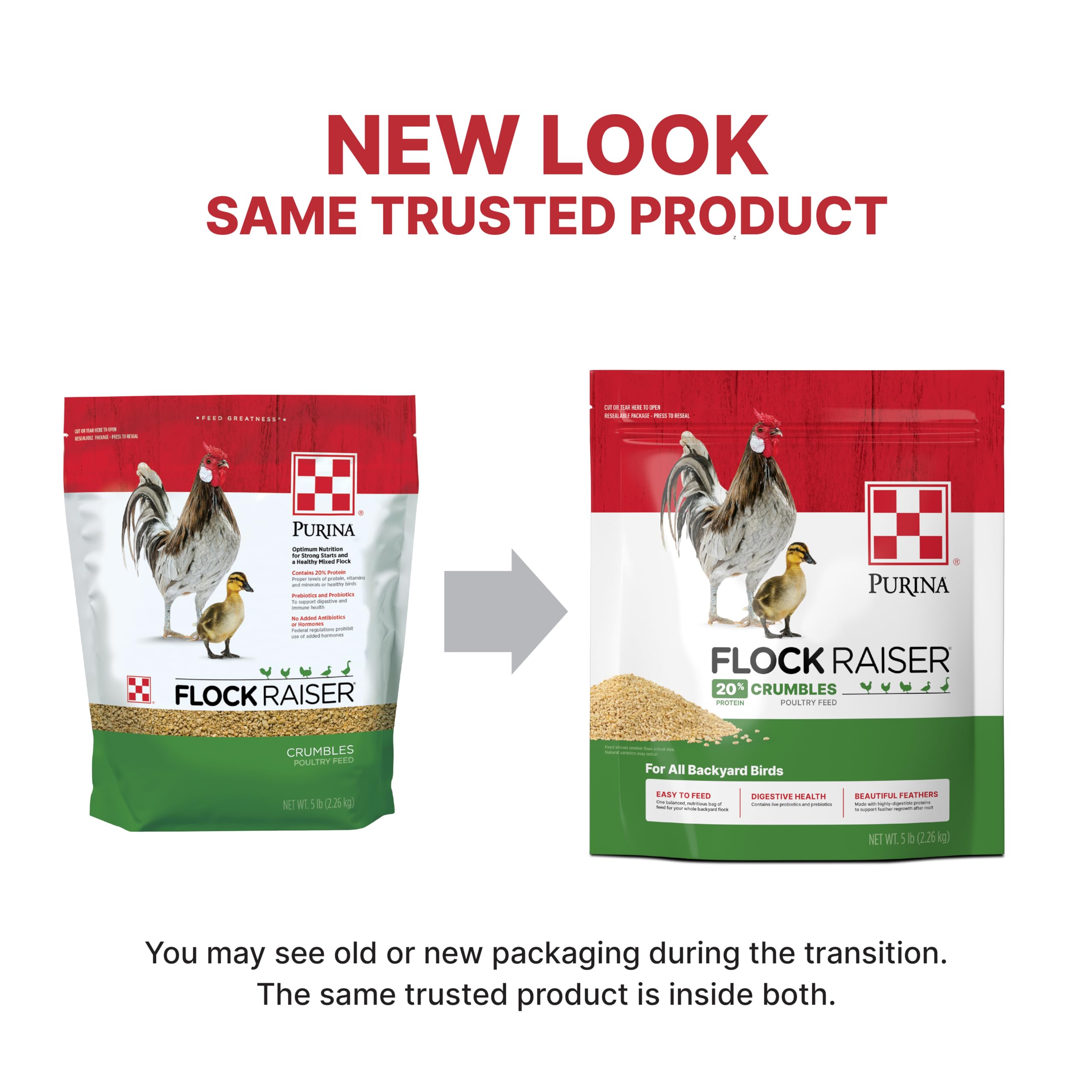 Purina Flock Raiser crumbles bag back shows complete feed details and ingredients