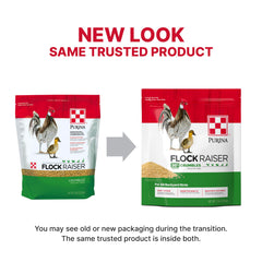 Purina Flock Raiser crumbles bag back shows complete feed details and ingredients