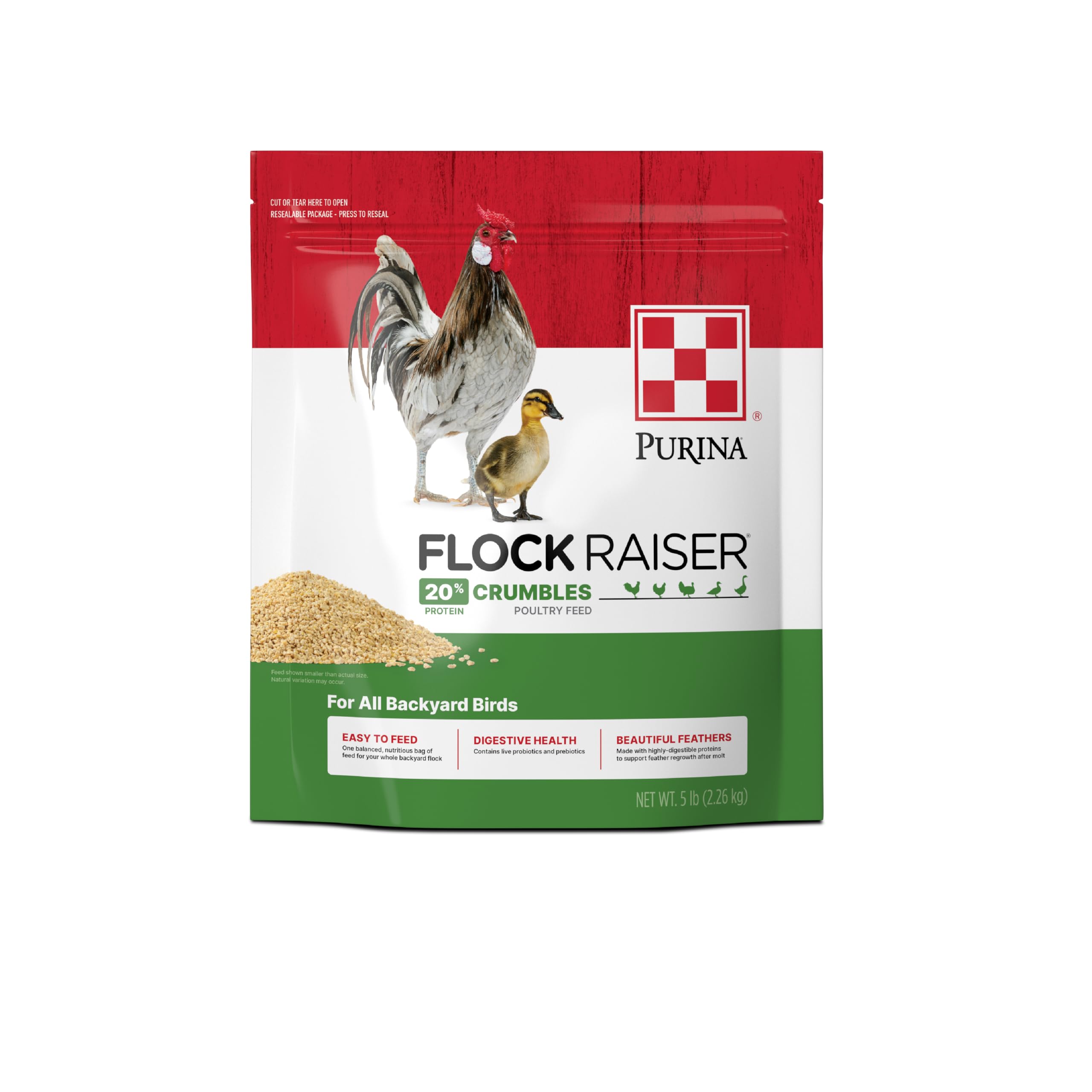 Purina Flock Raiser crumbles bag front promotes balanced growth in poultry