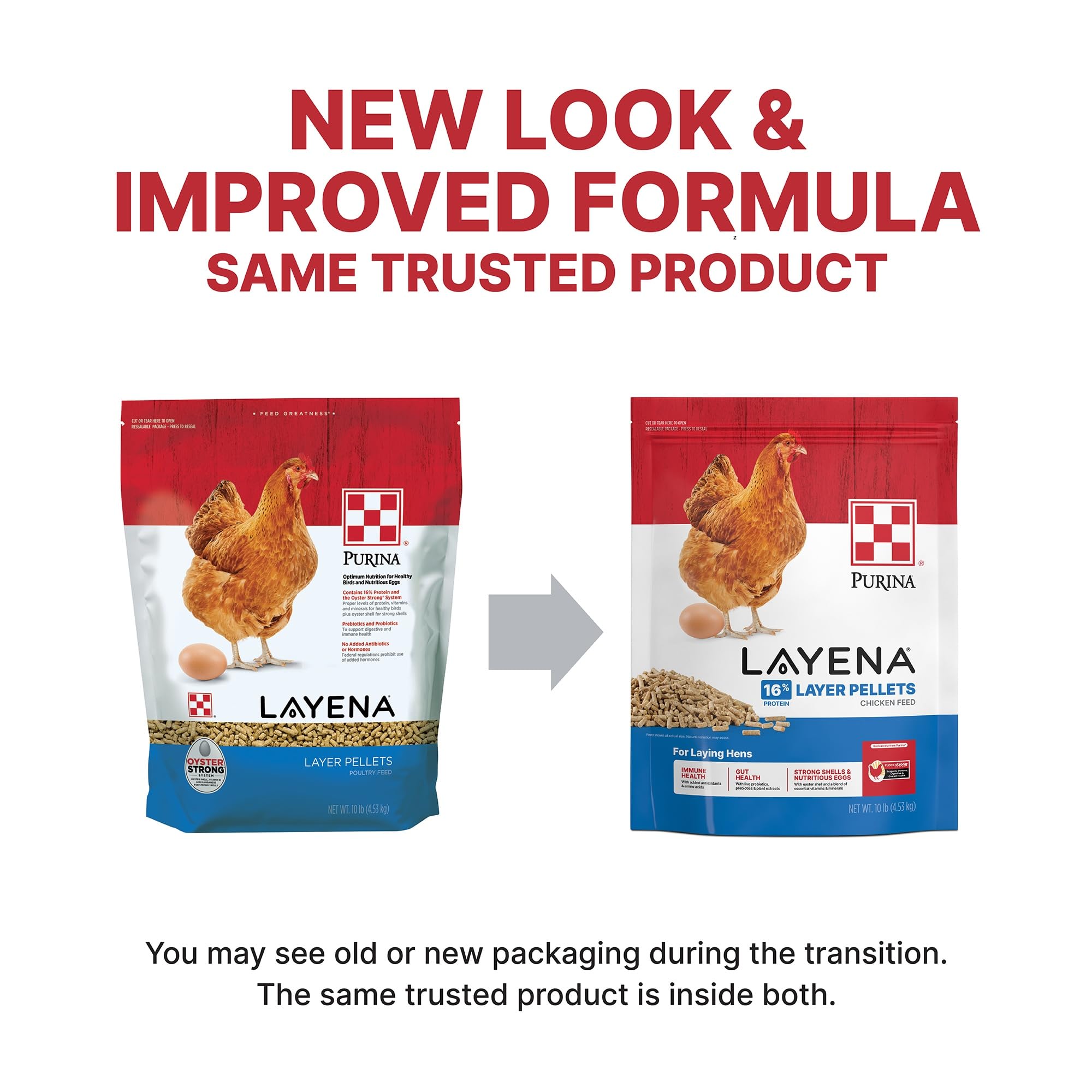 Purina Layena pellets bag closeup highlighting nutrition for laying hens.