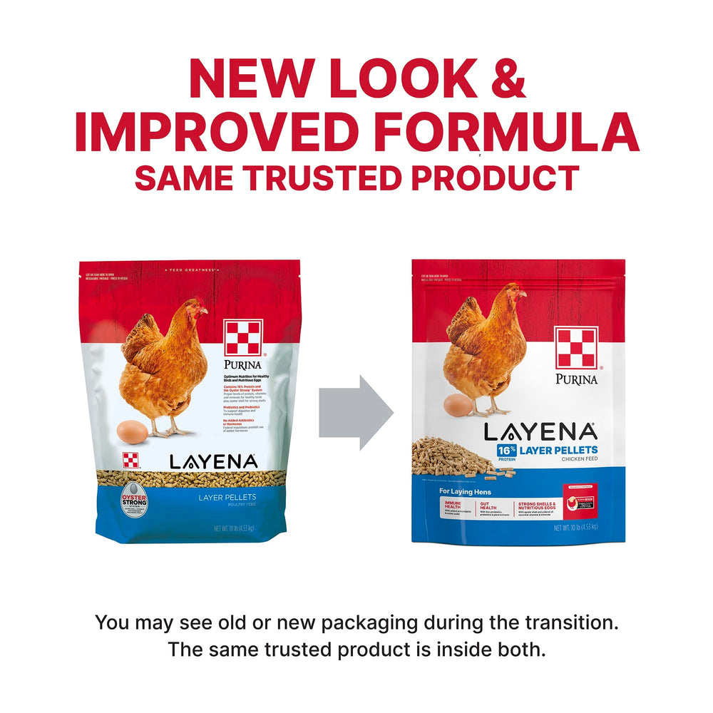 Purina Layena pellets bag closeup highlighting nutrition for laying hens.