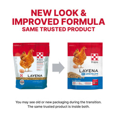 Purina Layena pellets bag closeup highlighting nutrition for laying hens.