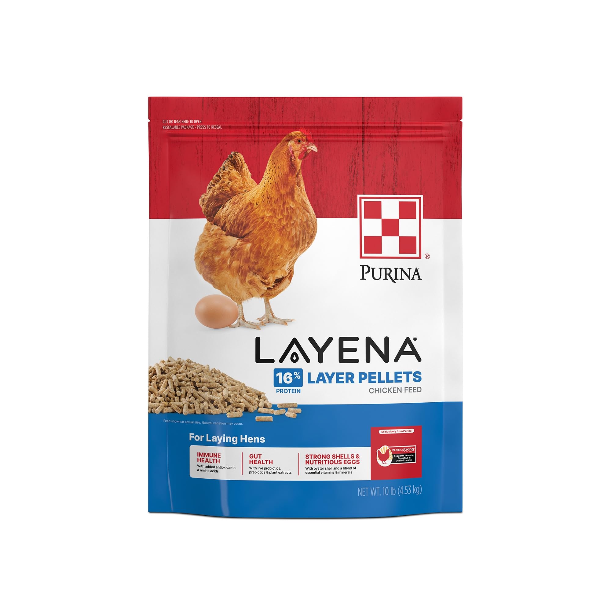 Purina Layena pellets pack shot for balanced layer feed for reliable laying hens.