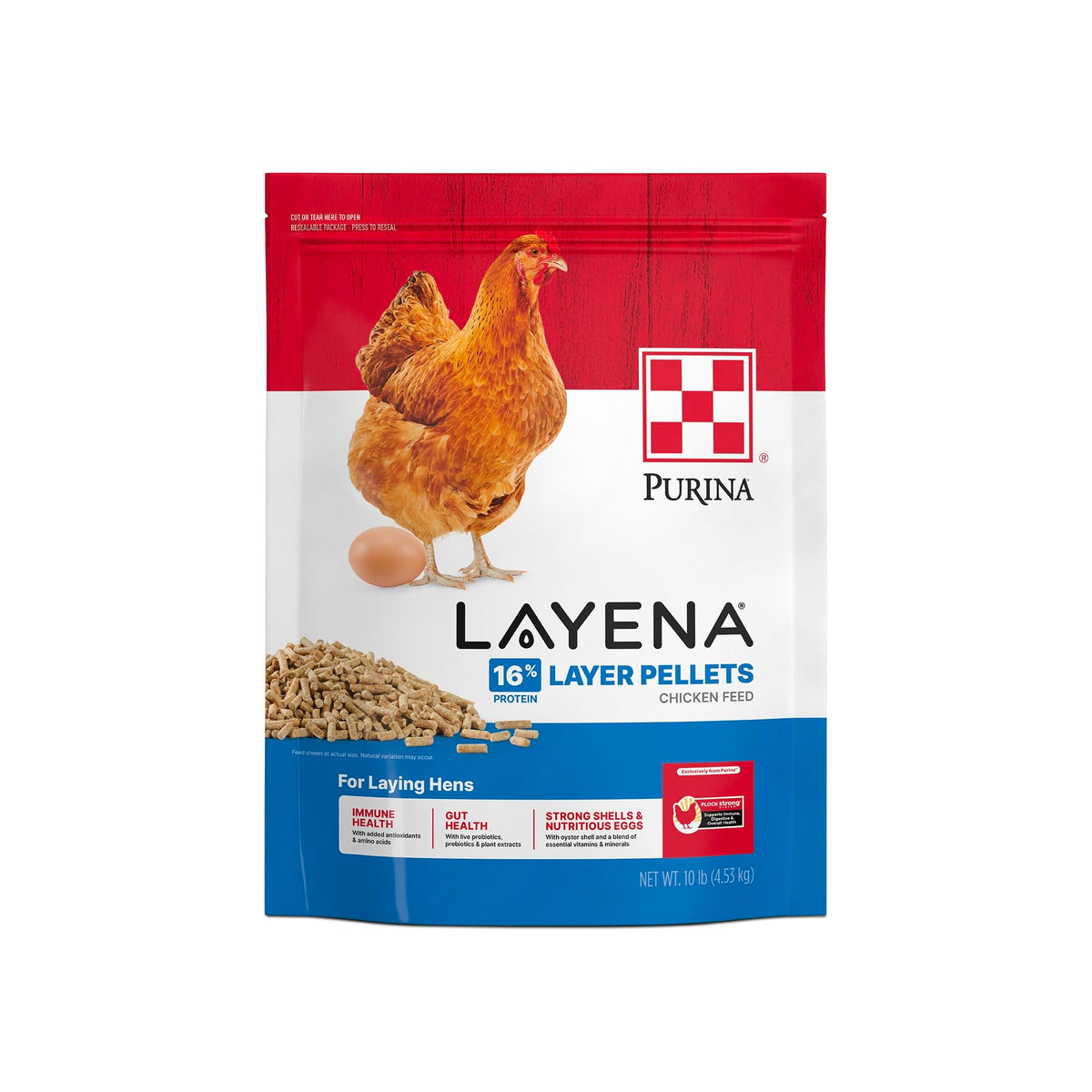 Purina Layena pellets pack shot for balanced layer feed for reliable laying hens.