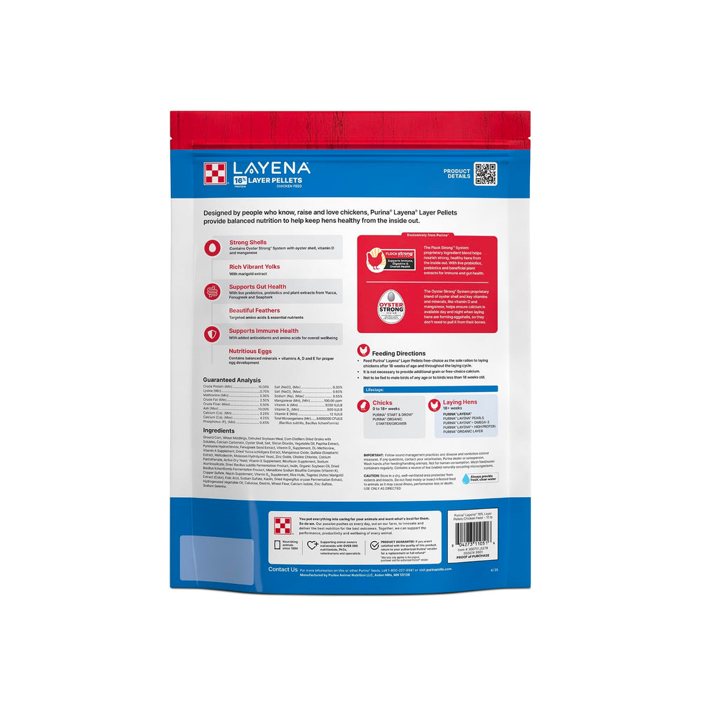 Purina Layena pellets chickens feeding image shows easy-to-eat pellets for flock comfort.
