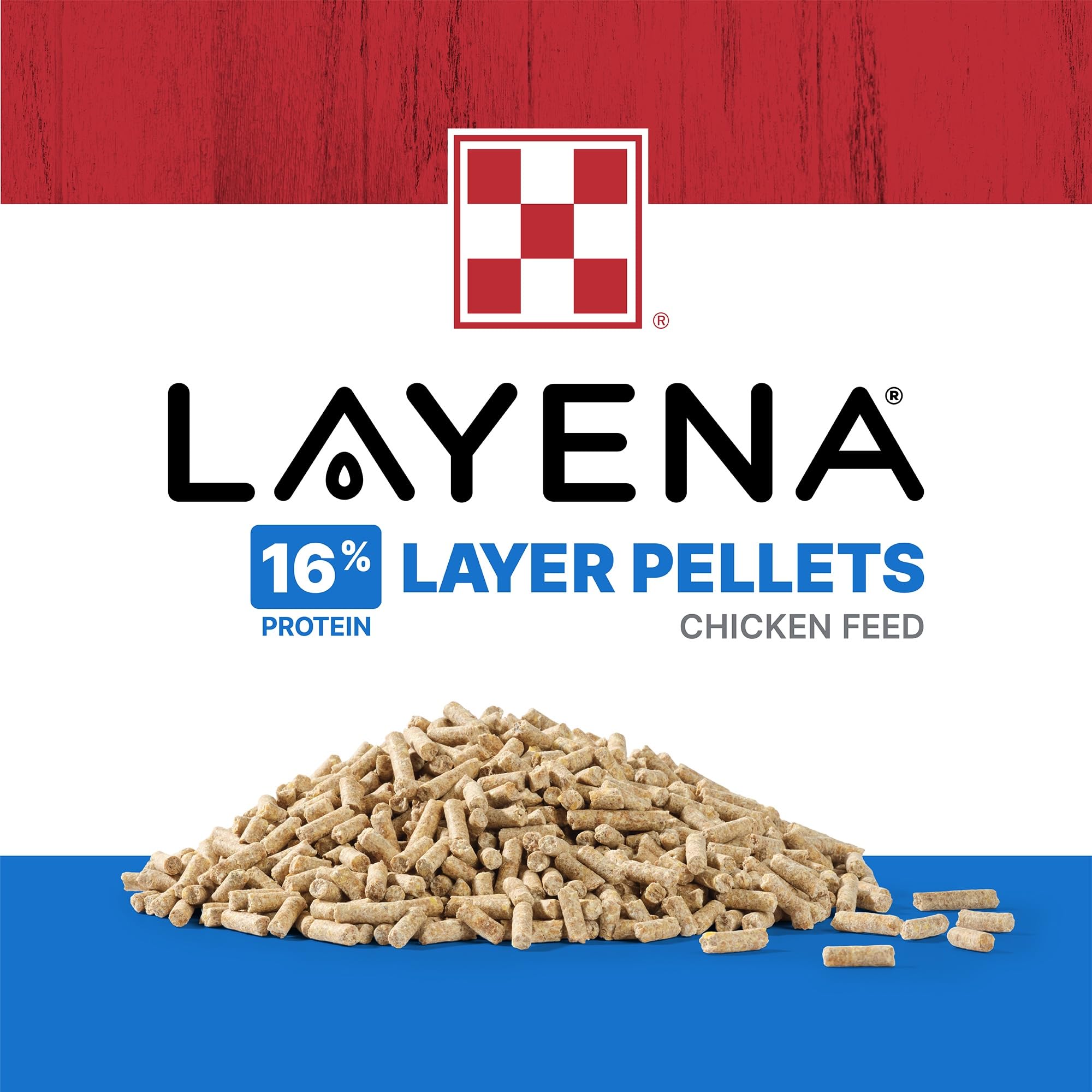 Purina Layena pellets showcasing eggshell support benefits for healthy production.