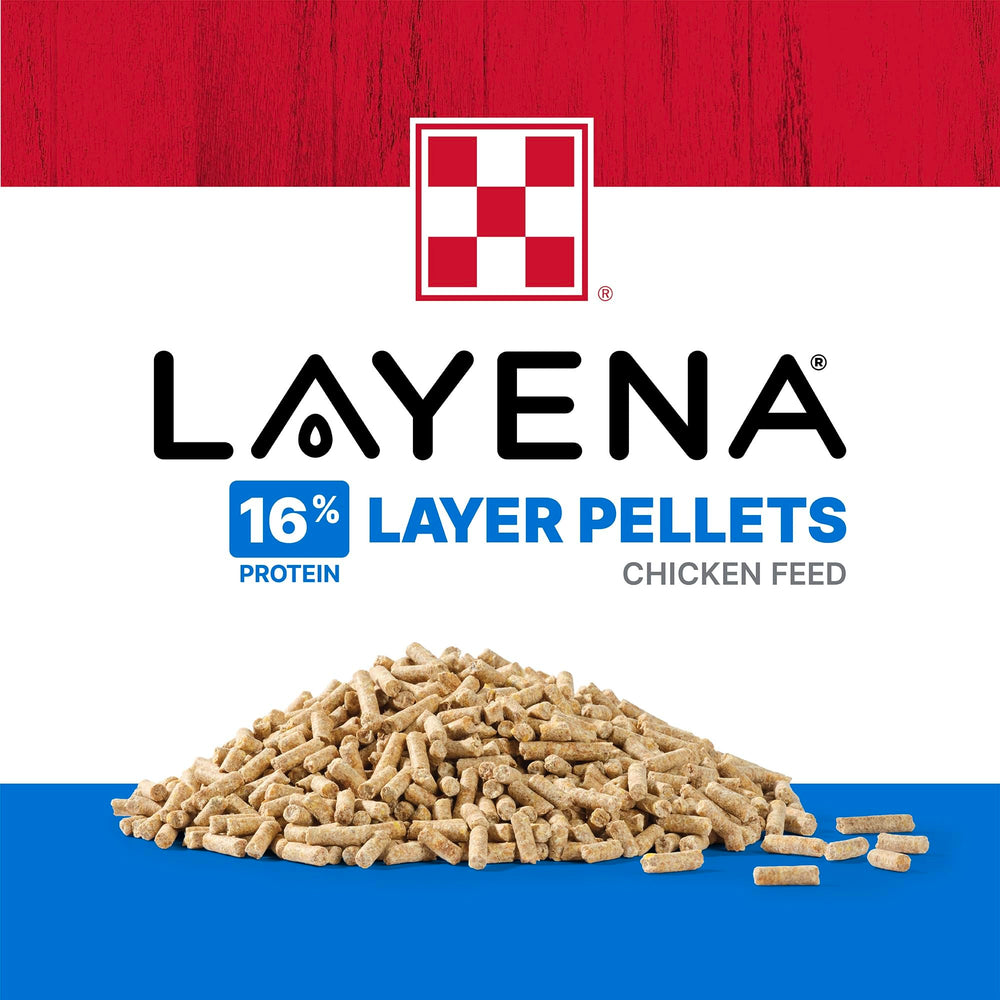 Purina Layena pellets showcasing eggshell support benefits for healthy production.