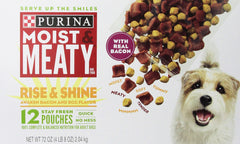 Purina Moist & Meaty Rise & Shine Awaken Bacon & Egg pouch offers convenient, meal-ready canine nourishment.