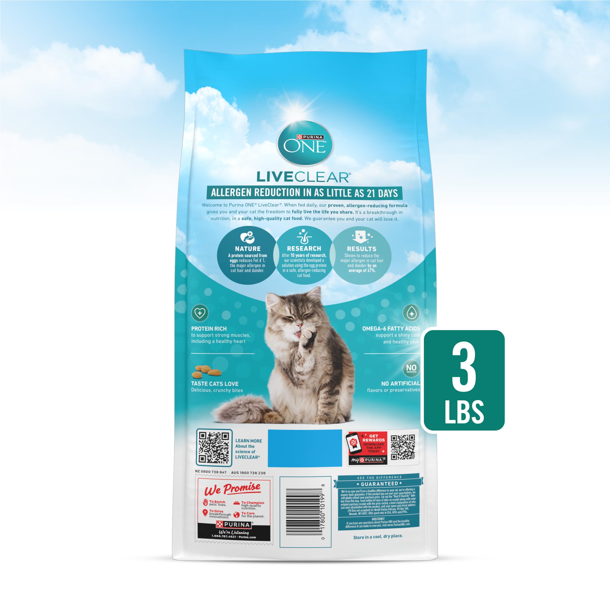 Purina ONE LiveClear 3lb bag on shelf stands ready for everyday feeding.
