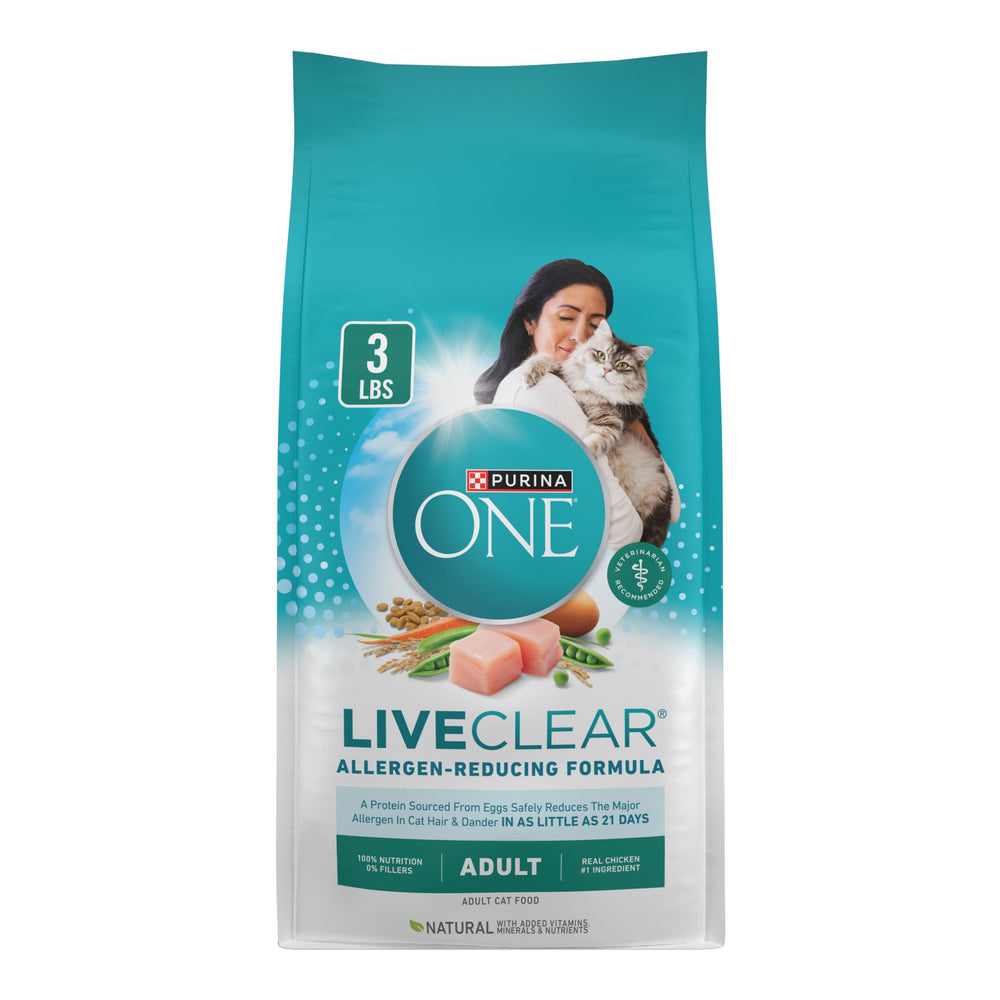 Purina ONE LiveClear allergen-reducing cat food bag 3lb demonstrates potential allergen reduction in homes.