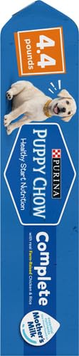 Purina Puppy Chow bag nutrition panel highlights feeding guidelines.