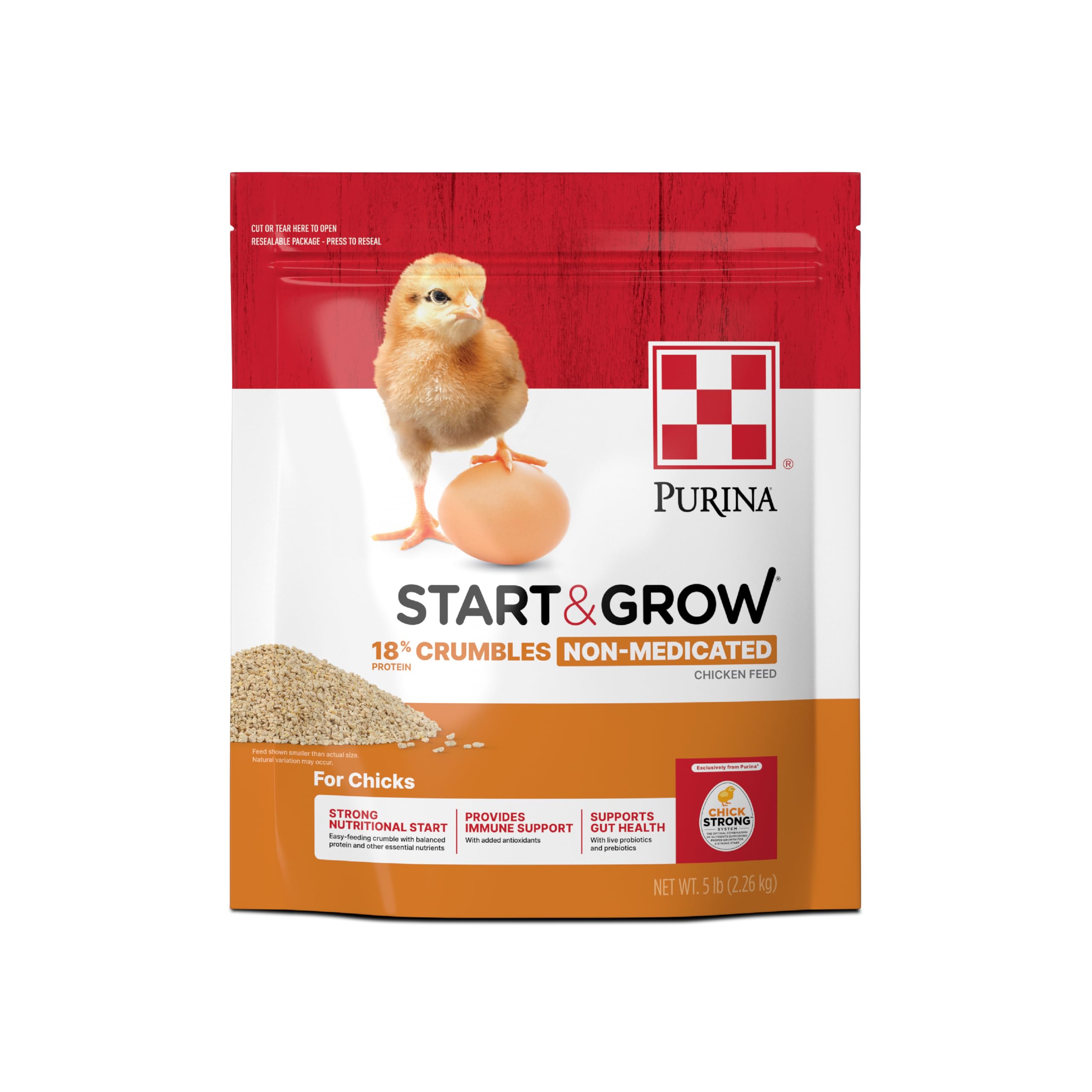 Purina Start and Grow chick feed crumbles bag shows convenient 5 lb packaging for backyard flocks