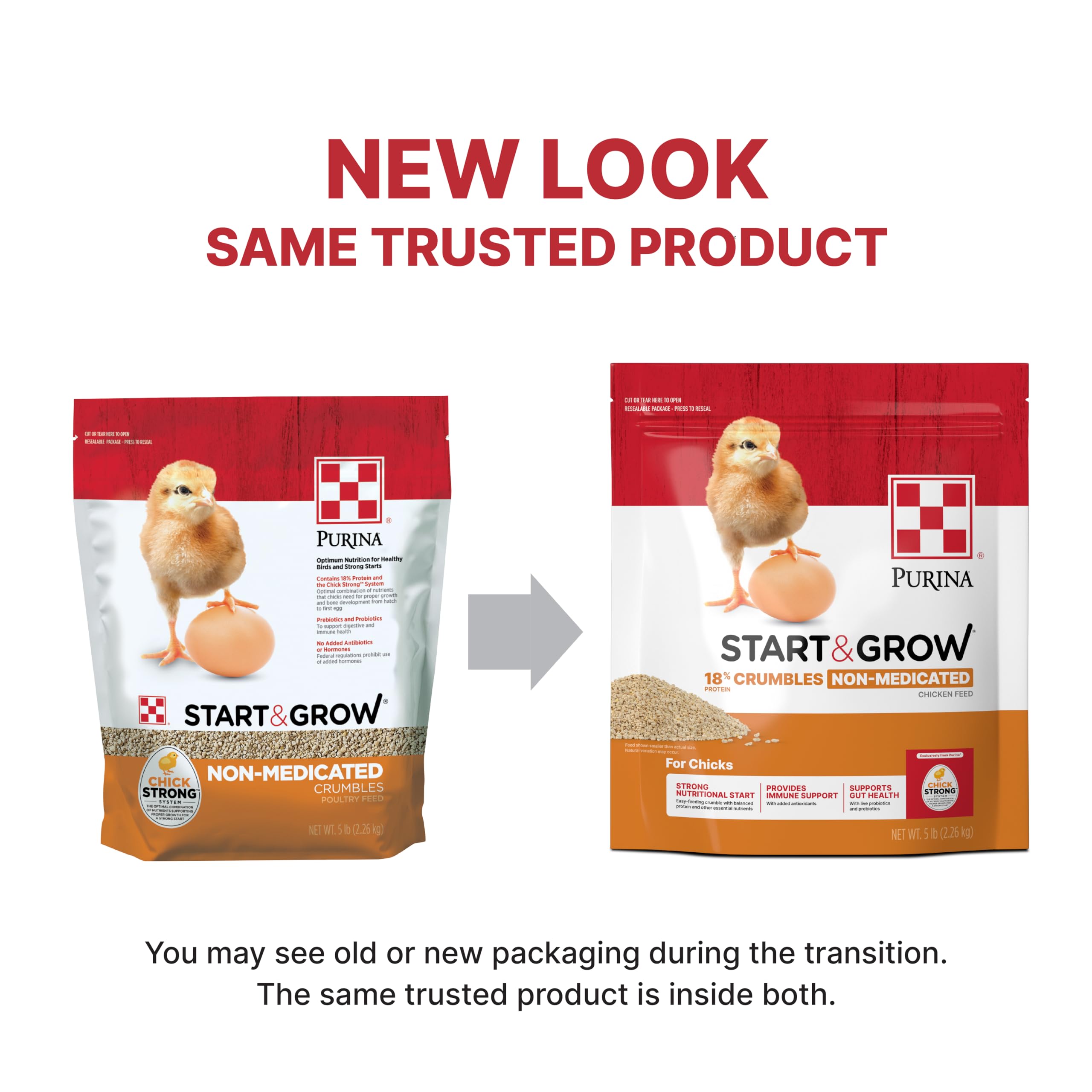 Purina Start and Grow complete nutrition packaging demonstrates balanced, ready-to-use feed with prebiotics and probiotics