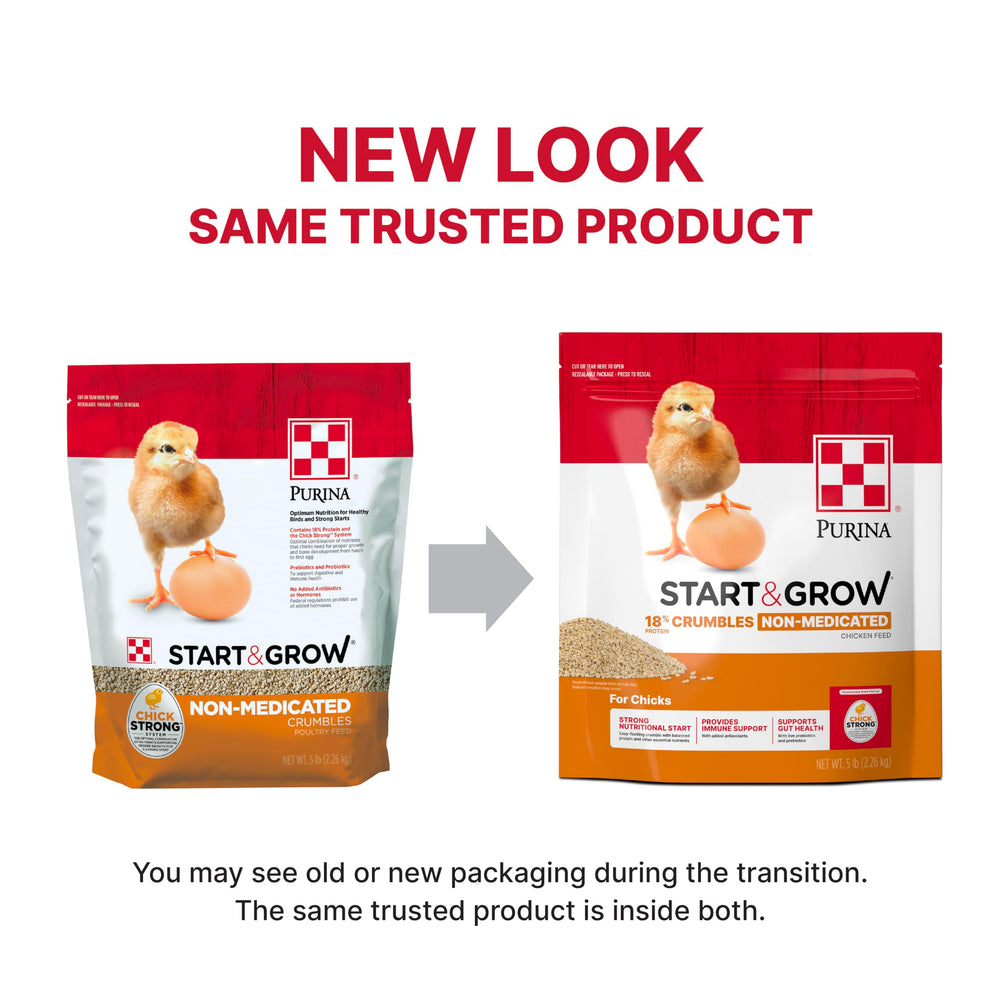 Purina Start and Grow complete nutrition packaging demonstrates balanced, ready-to-use feed with prebiotics and probiotics