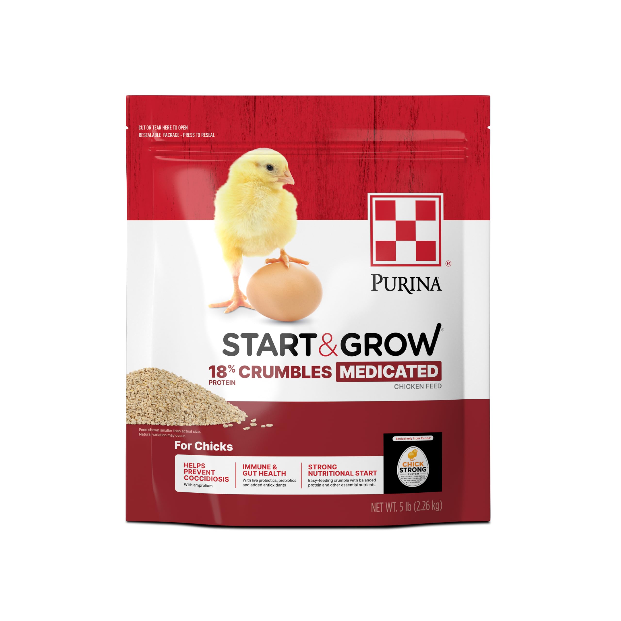 Purina Start & Grow bag front featuring medicated chick feed for growth