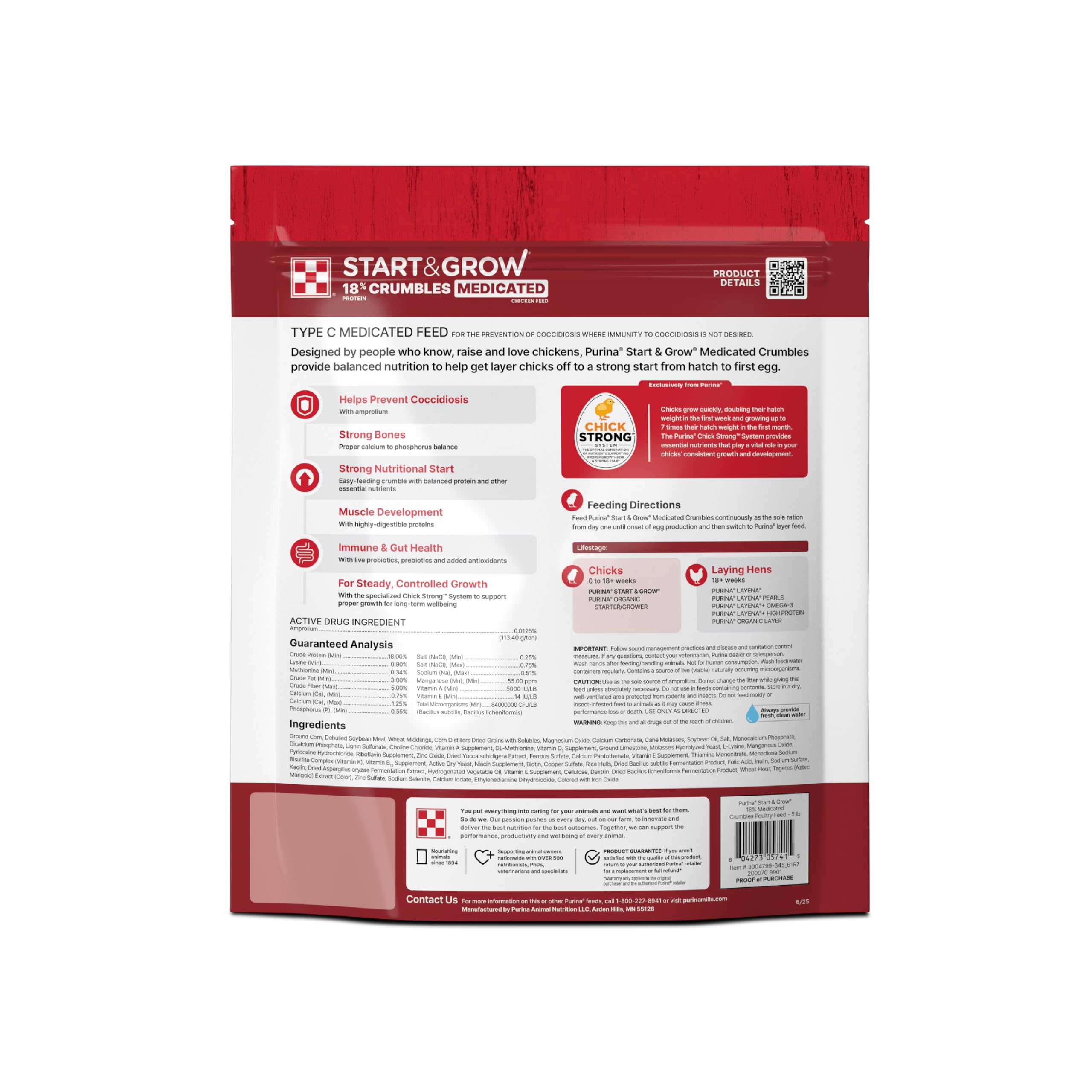 Purina Start & Grow bag side label detailing complete nutrition