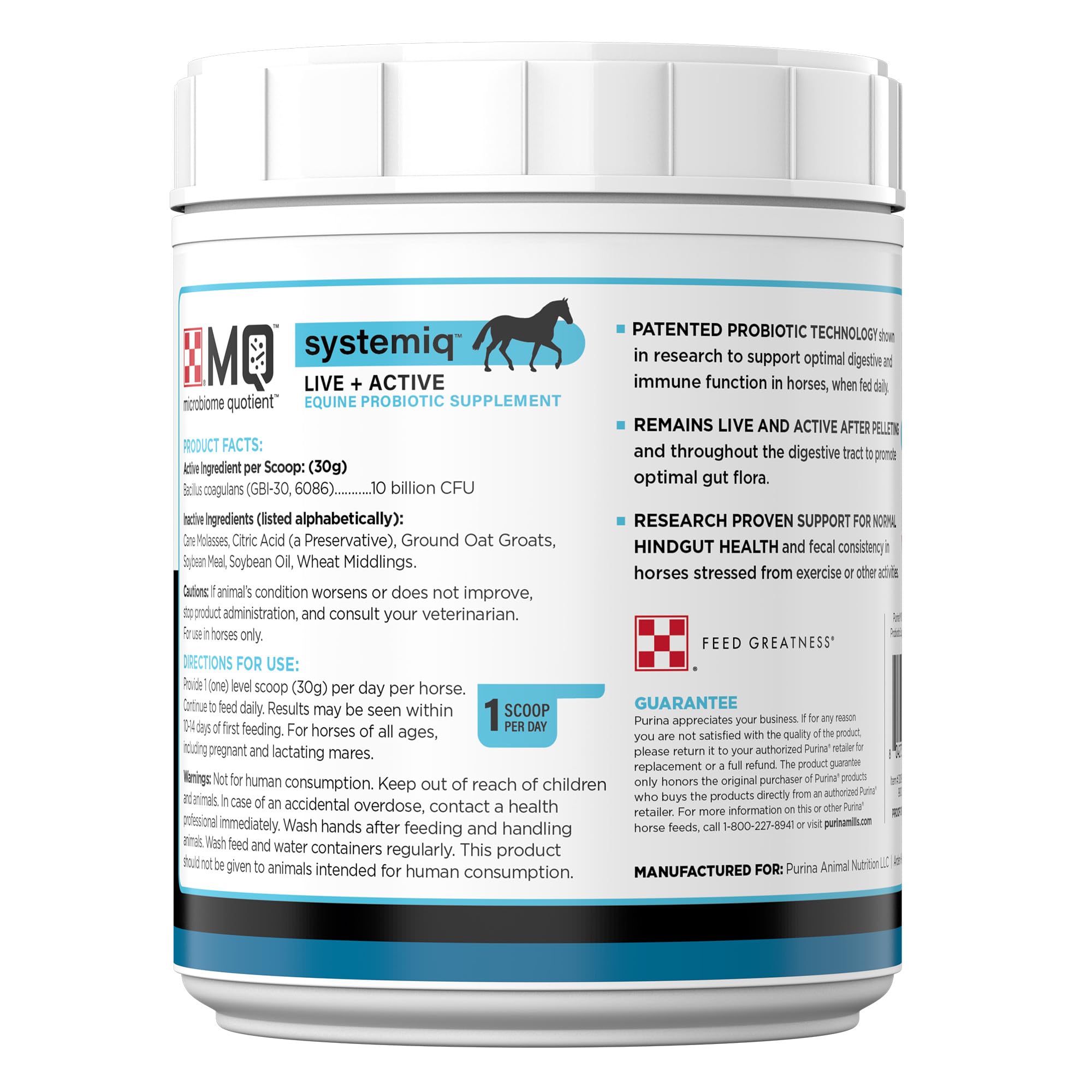 Purina Systemiq probiotic bottle-label closeup highlights stability of live strains.