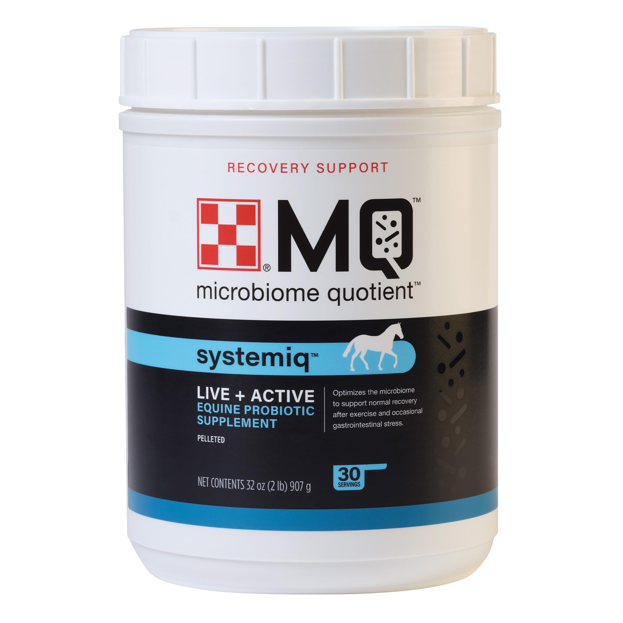 Purina Systemiq probiotic horse supplement bottle for daily gut support.
