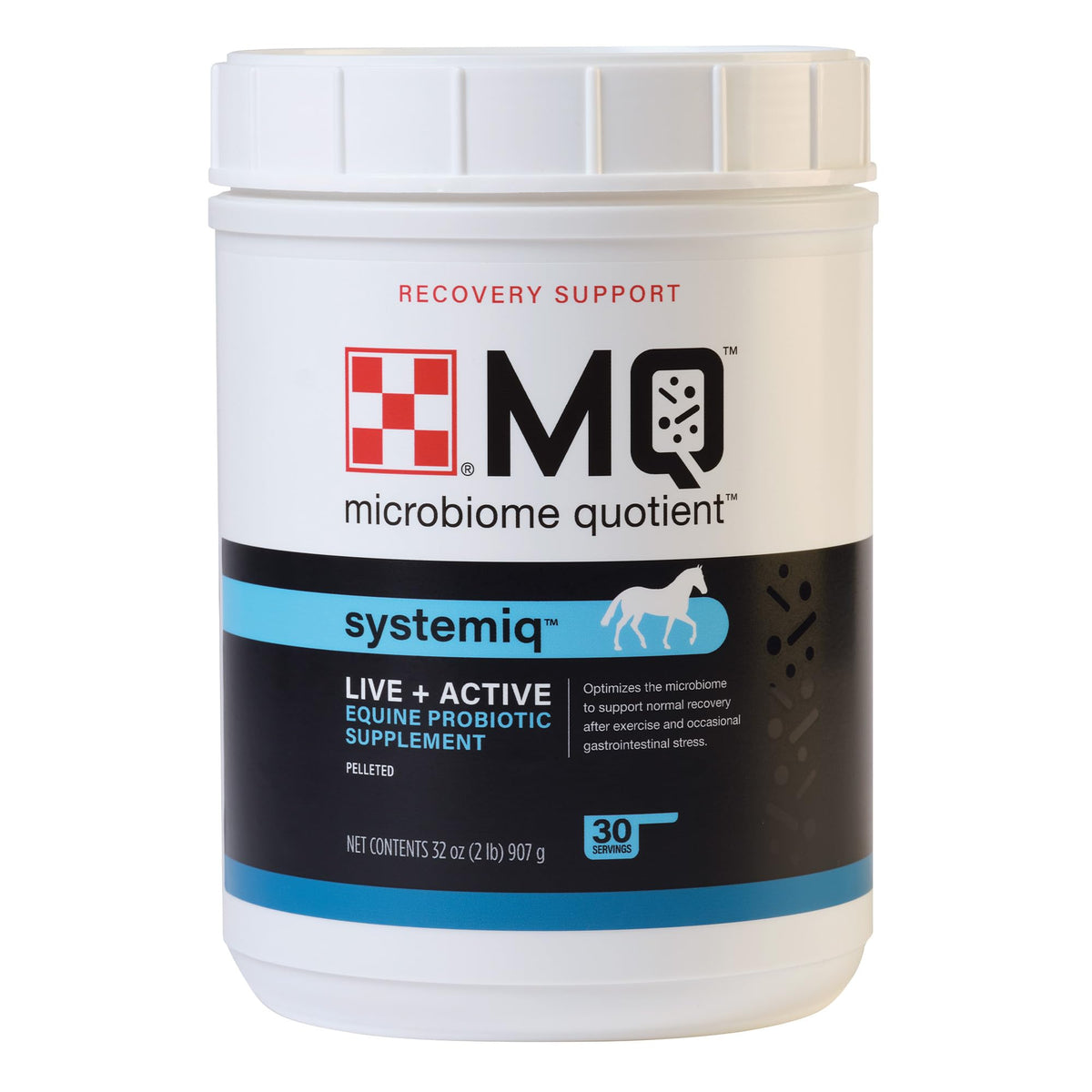 Purina Systemiq probiotic horse supplement bottle for daily gut support.