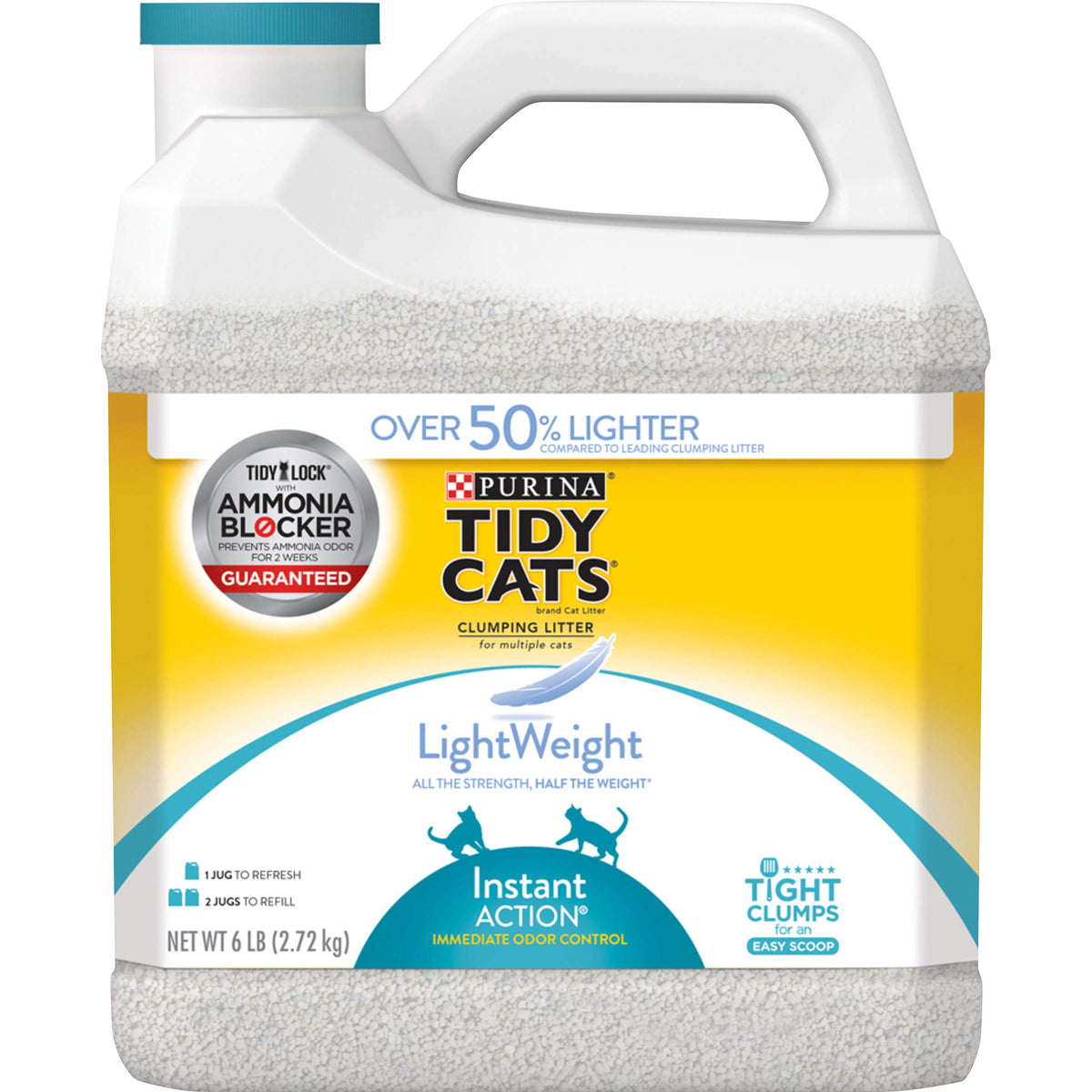 Purina Tidy Cats light weight 6lb jug showing easy carrying.