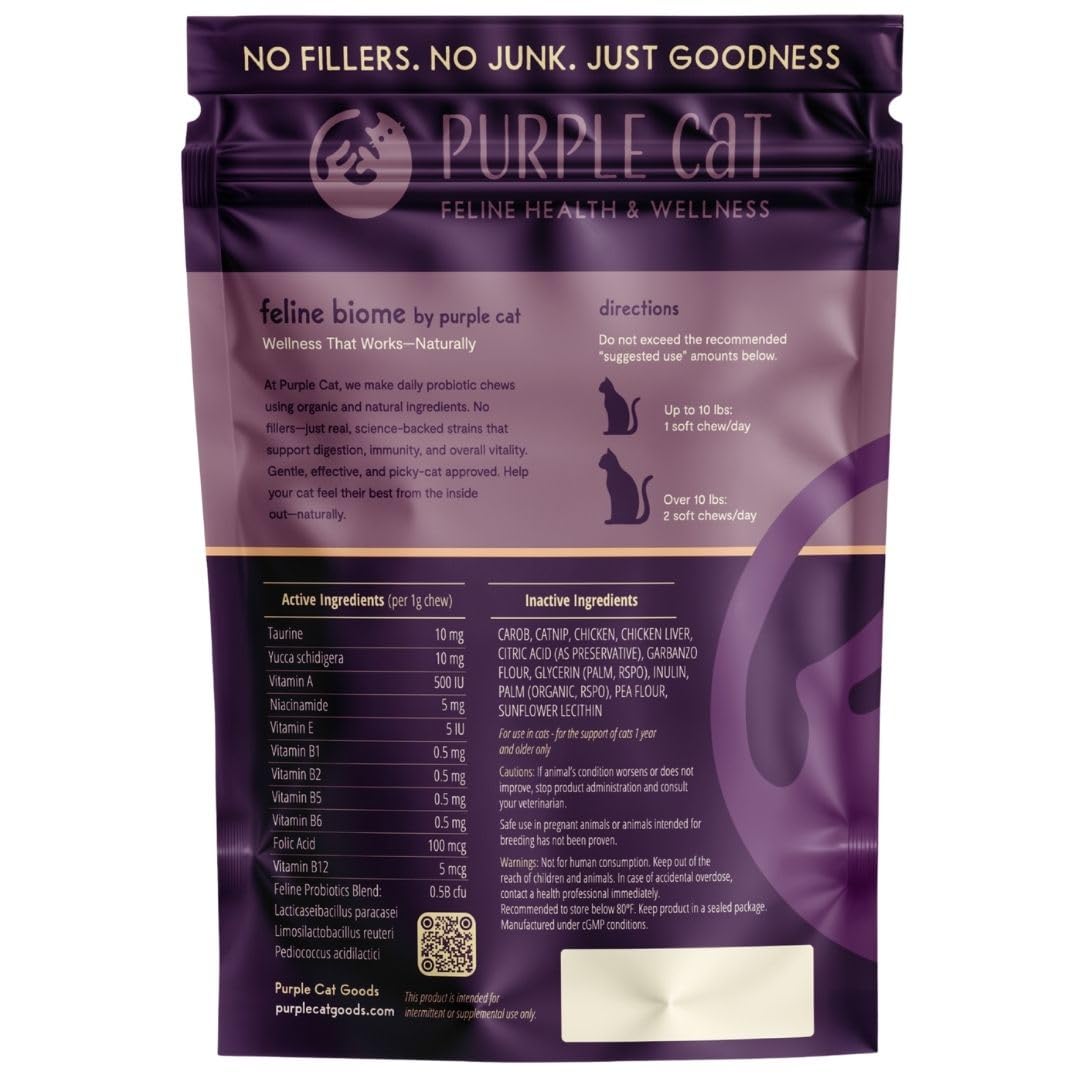 Purple Cat Feline Biome made-in-USA seal on packaging signaling quality and safety.