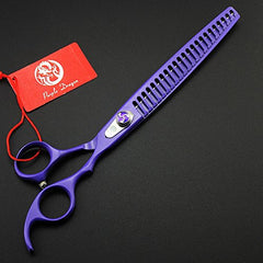 Purple Dragon 8in pet grooming scissors blade closeup emphasizes sharp 45-degree edge.