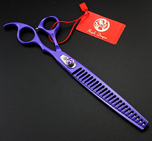 Purple Dragon 8in pet grooming scissors ergonomic hold shows comfortable, low-effort grooming.