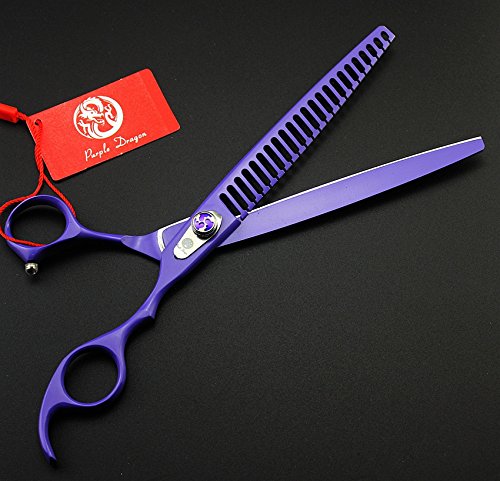 Purple Dragon 8in pet grooming scissors side view demonstrates ergonomic grip for reduced fatigue.