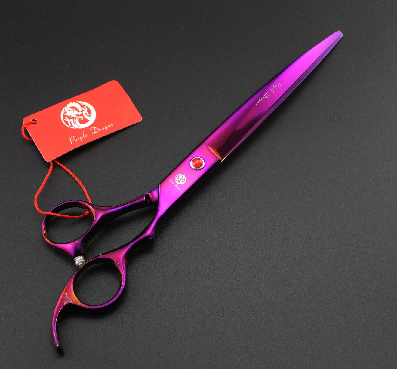 Purple Dragon 8-inch grooming scissors side view shows balanced design
