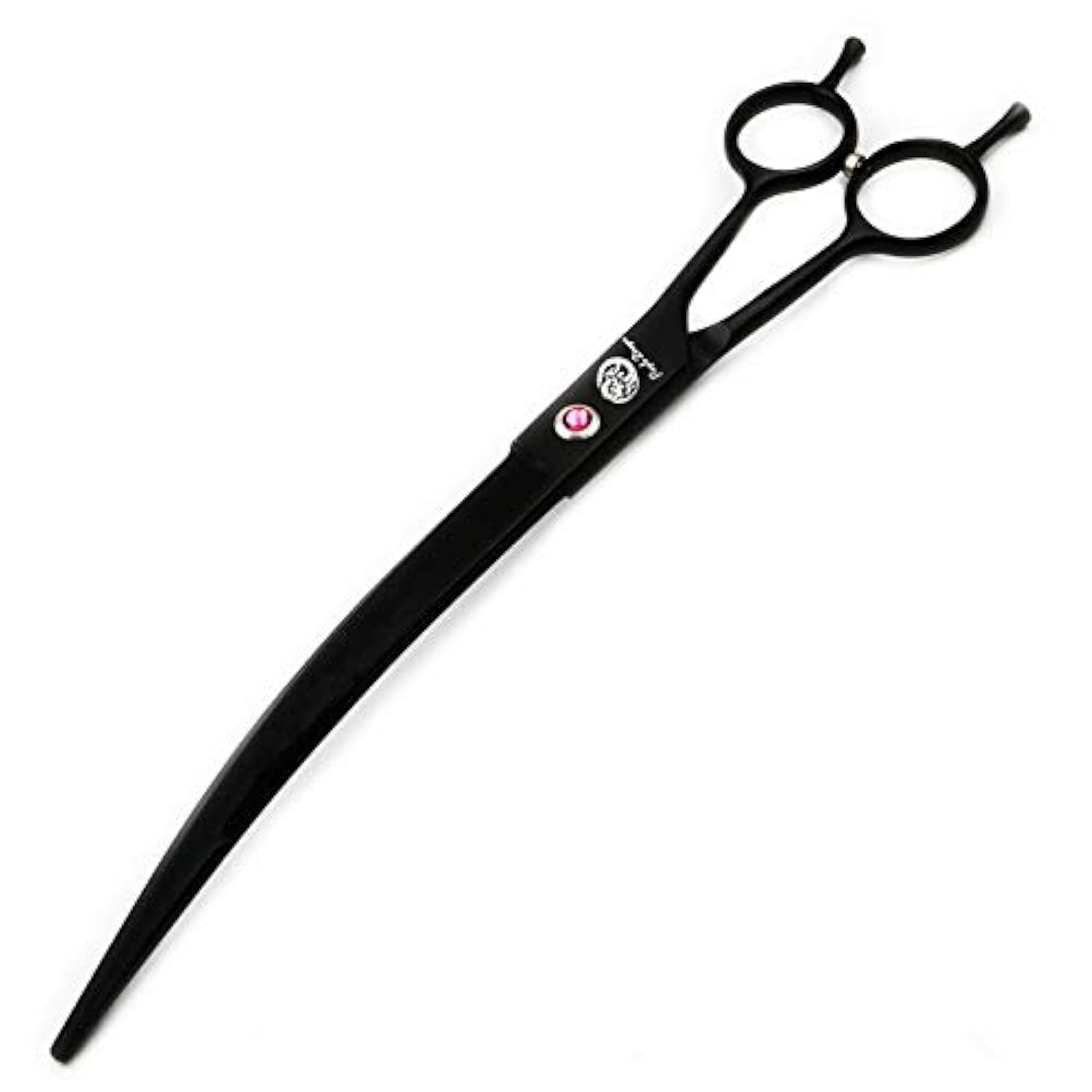 Purple Dragon 9-inch twin tails downward curved blade scissors close-up for precise, snag-free trimming
