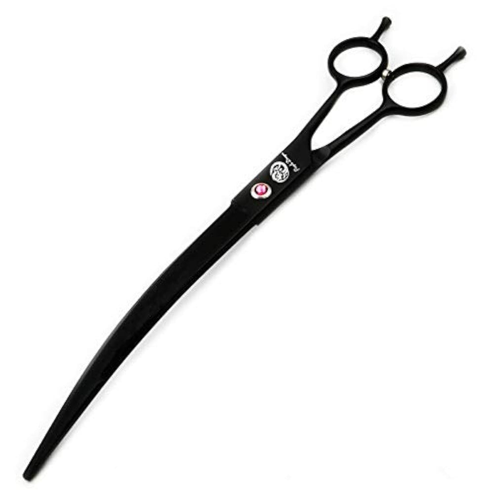 Purple Dragon 9-inch twin tails downward curved blade scissors close-up for precise, snag-free trimming