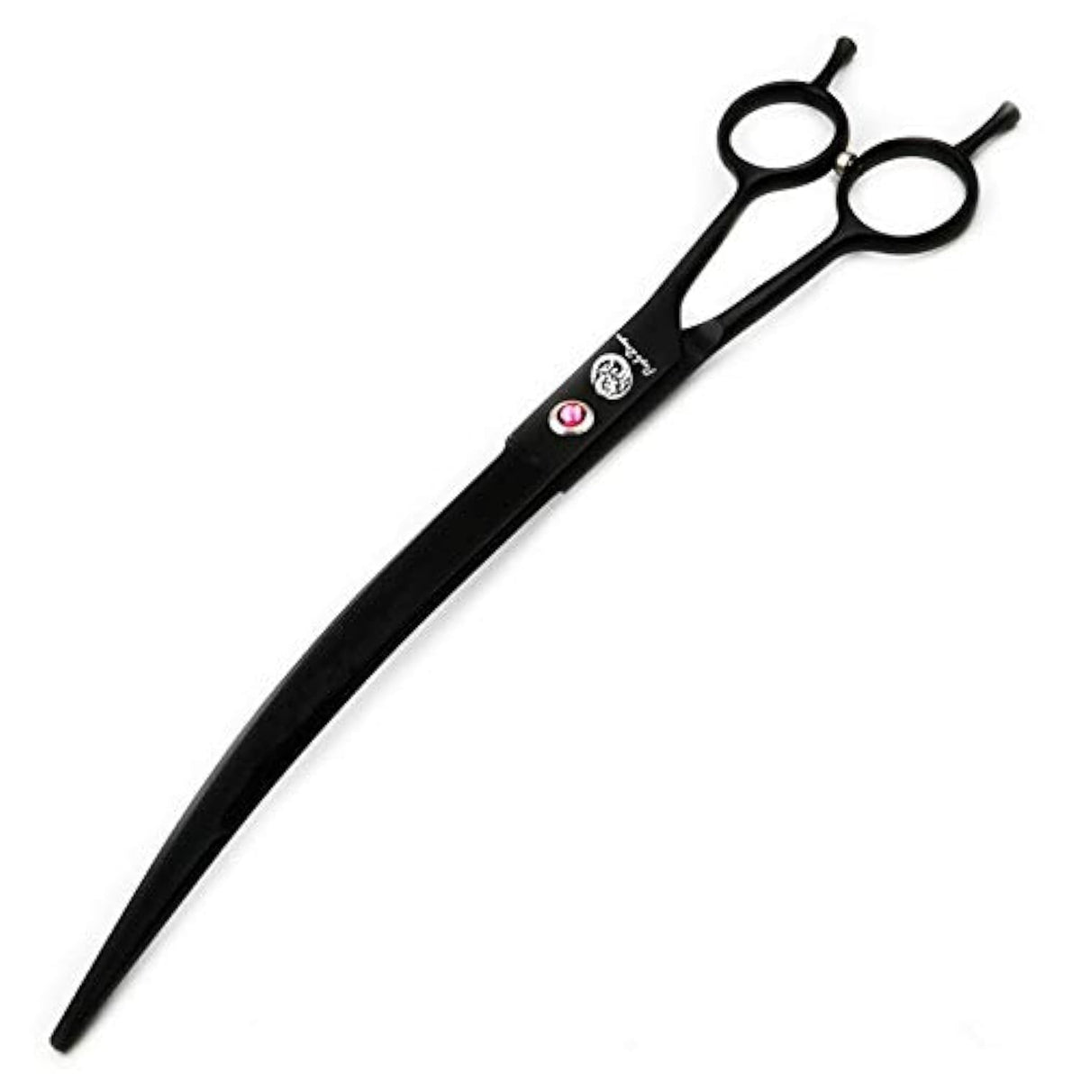 Purple Dragon 9-inch twin tails downward curved blade scissors close-up for precise, snag-free trimming
