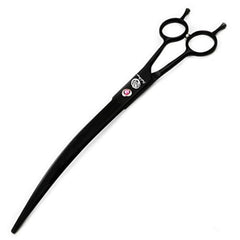 Purple Dragon 9-inch twin tails downward curved blade scissors close-up for precise, snag-free trimming