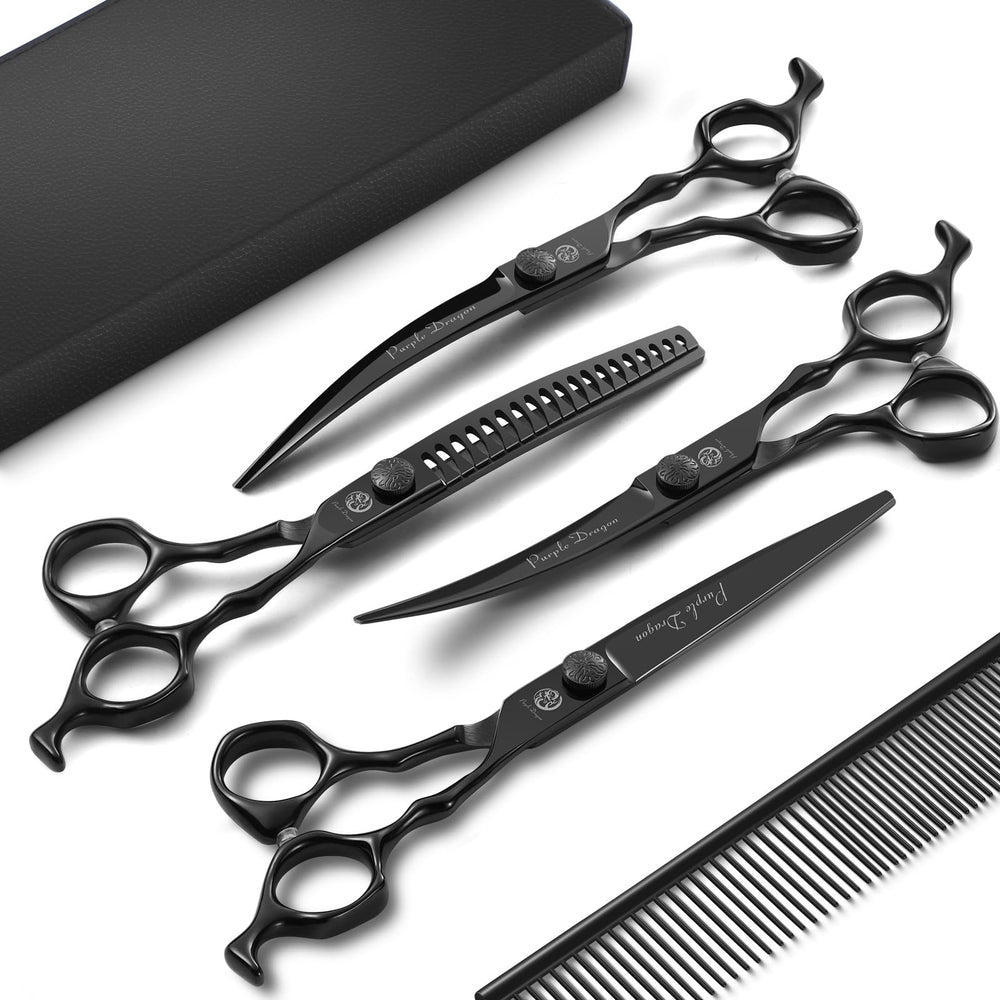 Purple Dragon dog grooming scissors set blades close-up for sharp trim
