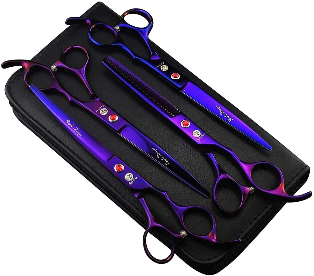 Purple Dragon 7in grooming scissors set displayed in case for on-the-go pet care