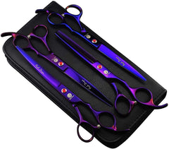 Purple Dragon 7in grooming scissors set displayed in case for on-the-go pet care