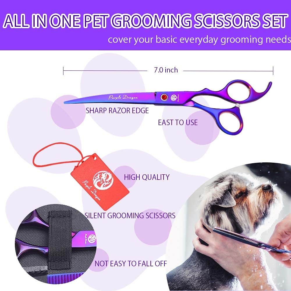 Purple Dragon 7in straight grooming scissors with sharp Japanese steel edge
