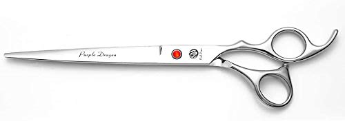 Purple Dragon Sharp Edge Shears during pet grooming session for gentle, precise fur trimming.