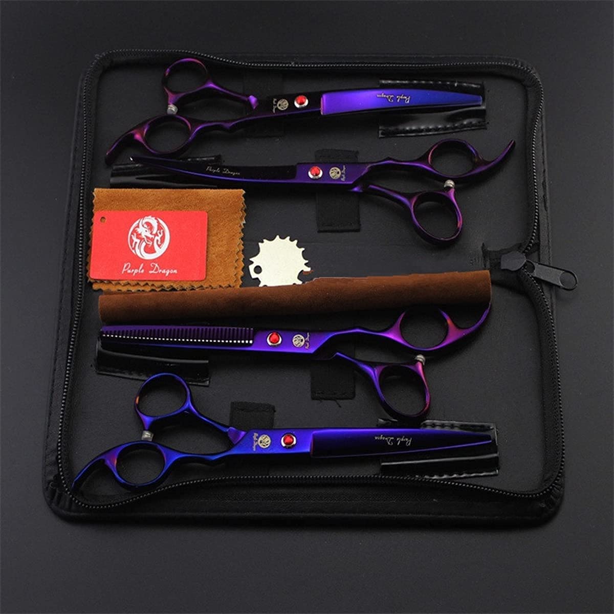 Purple Dragon silent grooming scissors with handle silencer for quiet pet sessions