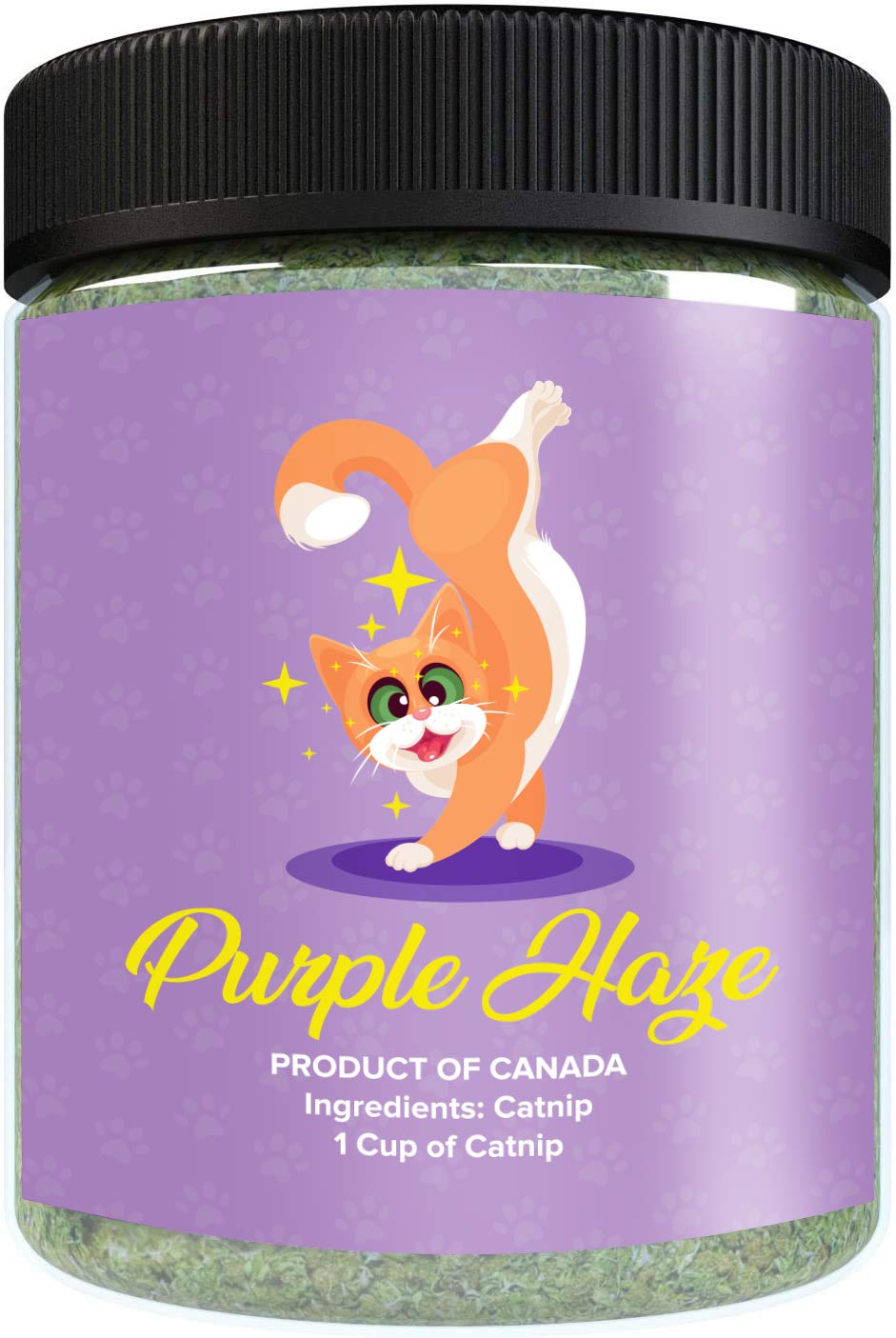 Purple Haze catnip 1cup packaging—easy to portion and store for playtime.