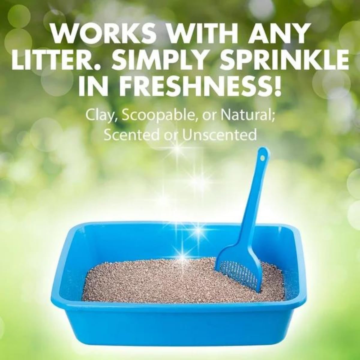 PurPUR deodorizer compatible with clay, scoopable, natural litters for flexible use.