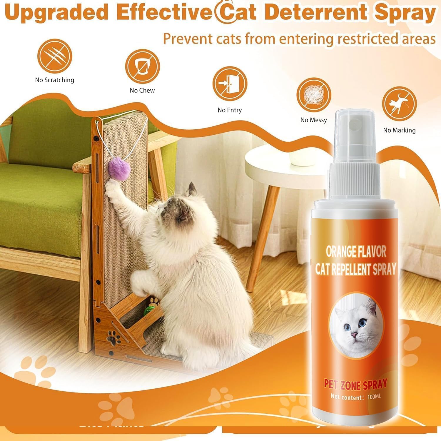 PurrBark deterrent spray applying indoors to guide cat behavior